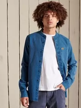 Image of Superdry Indigo Henley Workwear Shirt - Mid Wash, Size S, Men