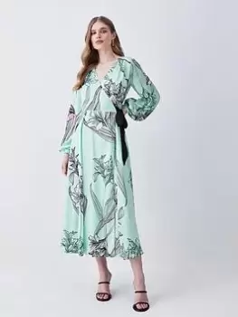 Image of Karen Millen Floral Satin Wrap Midi Dress - Green, Multi, Size 10, Women