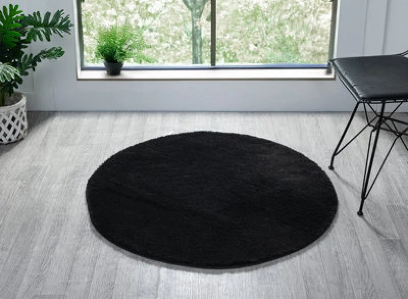 Image of Comfy Washable Low Pile Living Room Area Rug - Anti Slip Felt Backing Black 100Cm Diameter