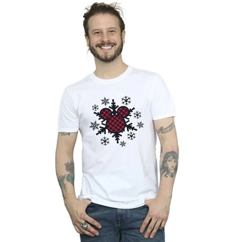 Image of Disney Men Mickey Mouse Gingham Snowflakes Cotton T-Shirt in White Size: Small White S Male 5063376841351