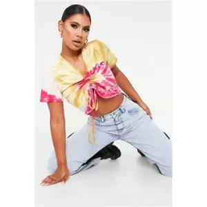 Image of I Saw It First Pink Tie Dye Gathered Crop T-Shirt - Pink