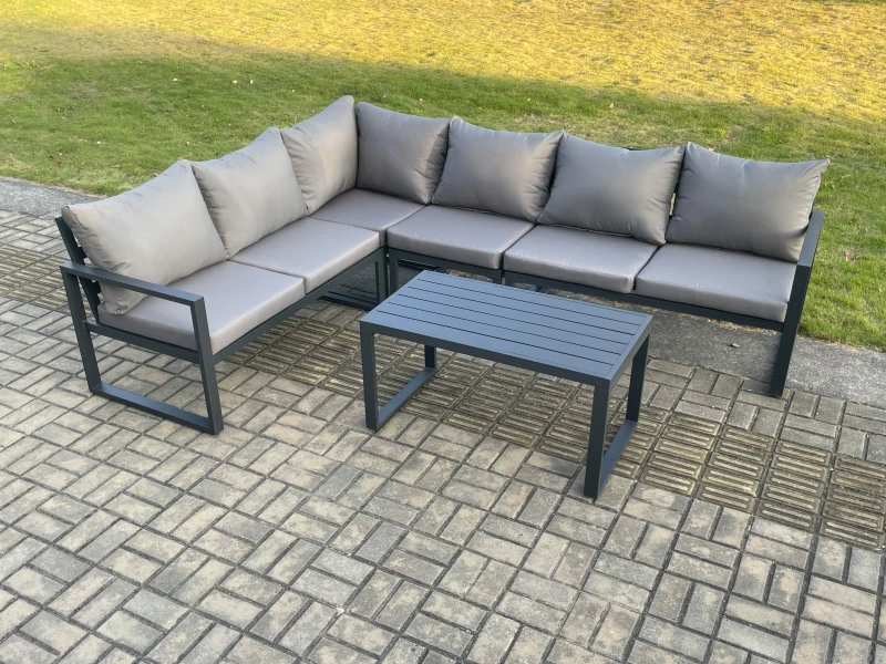 Image of Fimous Aluminium Garden Furniture Set Outdoor Indoor Lounge Corner Sofa Oblong Coffee Table Sets Dark Grey 6 Seater Dark Grey Unisex