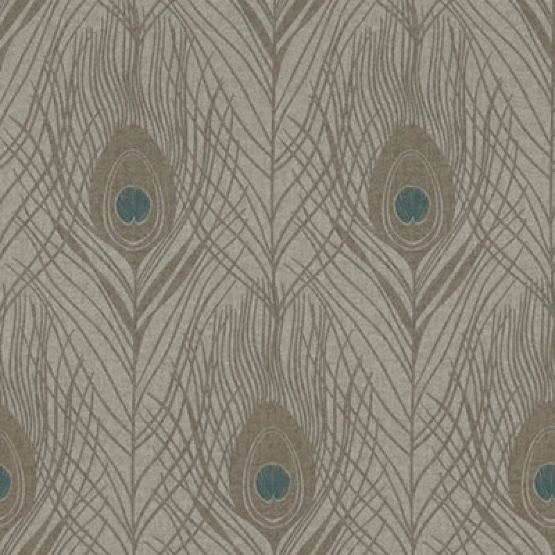 Image of Galerie Absolutely Chic Blue Brown Grey Peacock Feather Motif Smooth Wallpaper