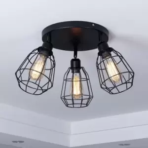Image of Harperliving - Caged Ceiling Light, 3 Lights E27 Cap, Black Vintage Finish, LED Compatible