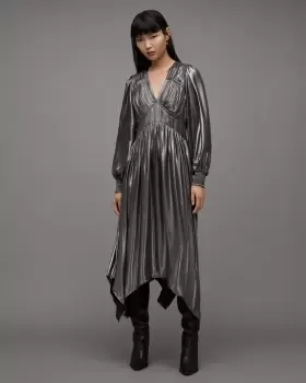 Image of AllSaints Estelle Metallic Asymmetric Midi Dress