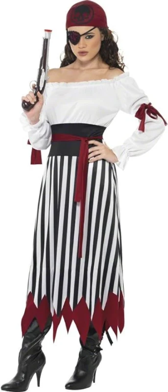 Image of Smiffys Pirate Lady Costume, Black & White, Dress with Arm Ties, Belt & Headpiece (L) White