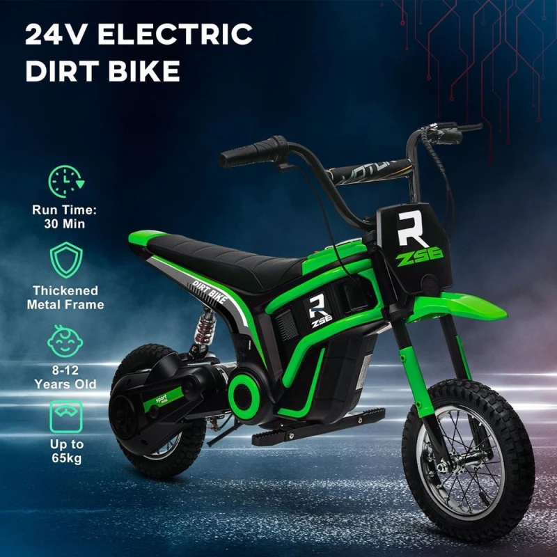 Image of HOMCOM Kids Electric Motorbike 24V Electric Dirt bike for 8-12 Years Green