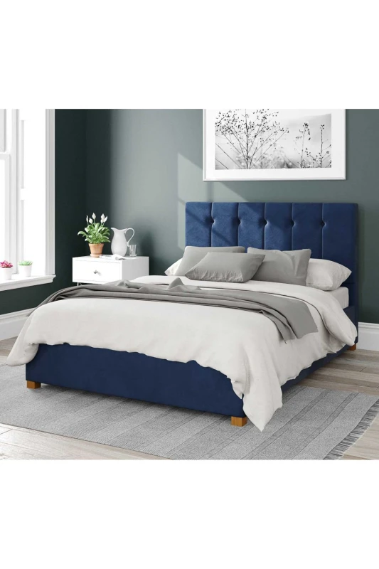 Image of Aspire Aspire Hepburn Upholstered Ottoman Storage Bed, Plush Velvet Fabric in Navy Size: Small Double Navy Small Double Unisex 5057632165909