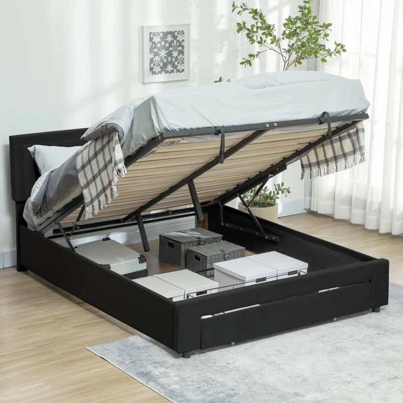 Image of HOMCOM Double Bed Frame with Storage and Adjustable Velvet Headboard, Black 831-804V70BK