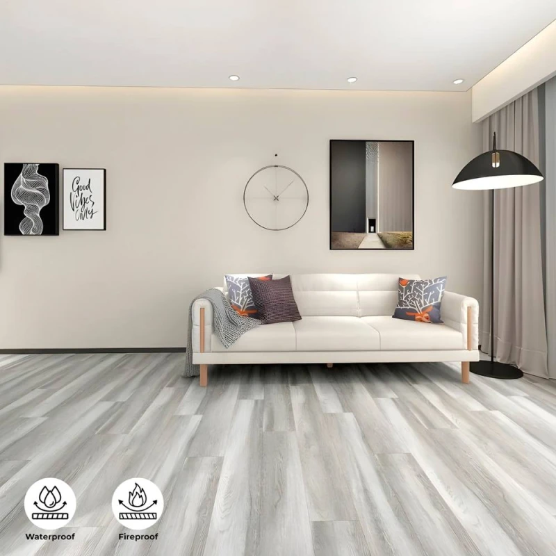 Image of ENER-J BRITWALL Grey Oak SPC Luxury Vinyl Flooring - Wood Embossed in Light Grey Size: 10000mm x 520mm Light Grey Unisex 10000mm x 520mm