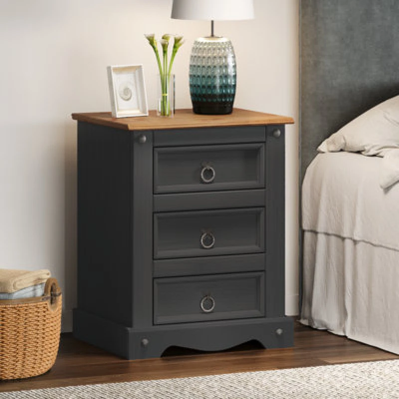 Image of Mercers Furniture Corona Charcoal Medium 3 Drawer Bedside Chest Table Solid Pine With Mexican Styling, Grey CHARC93