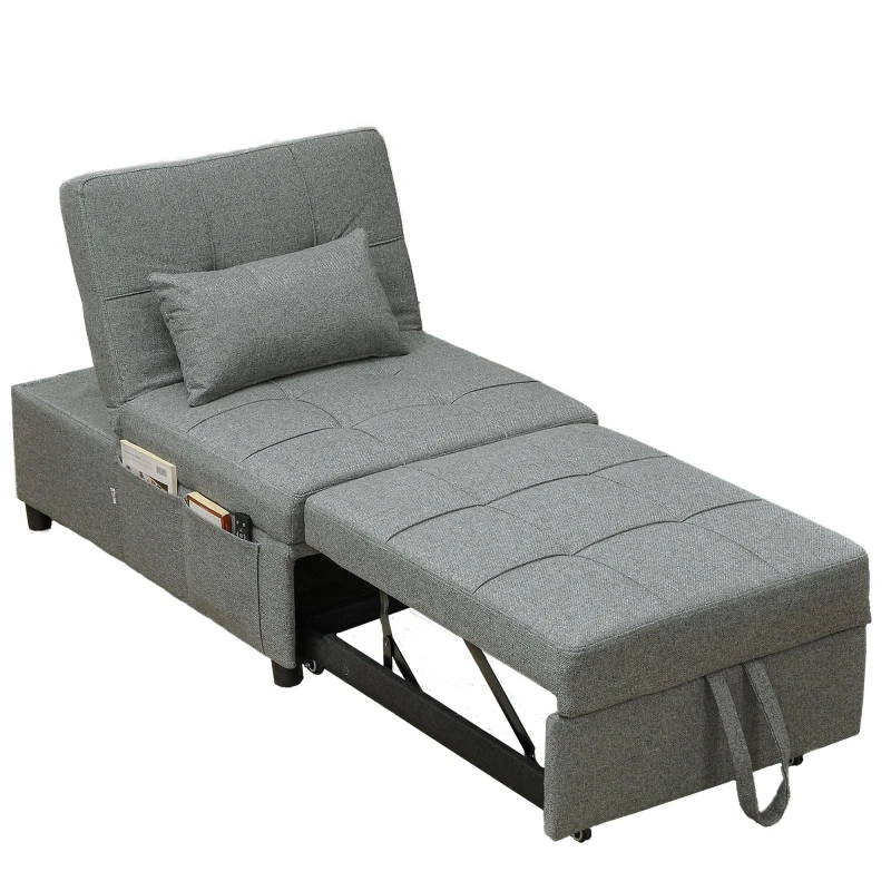 Image of HOMCOM 4-in-1 Pull Out Sleeper Chair Bed with Pockets Light Grey