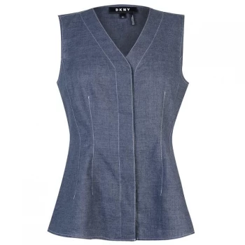 Image of DKNY Stitched V Neck Sleeveless Shirt - Indigo