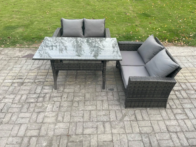 Image of Fimous Dark Grey PE Wicker Rattan Garden Furniture Set Love Sofa Outdoor Rectangular Dining Table Dark Grey Unisex