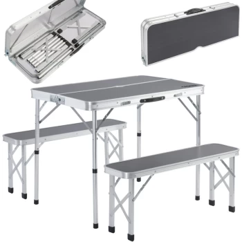 Image of Portable Aluminium Camping Table & 2 Folding Benches with Case Feature White Grey Grey