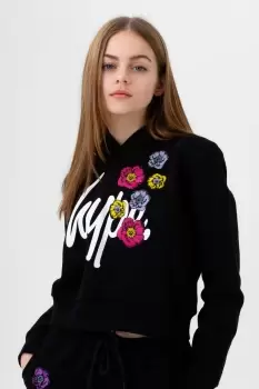 Image of HYPE GIRLS BLACK FLOWER PATCH CROP HOODIE