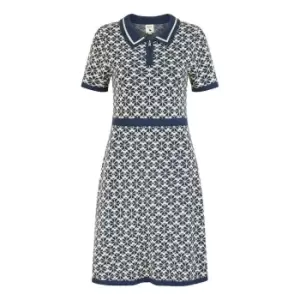Image of Yumi Blue Daisy Knitted Dress With Zip Collar - Blue