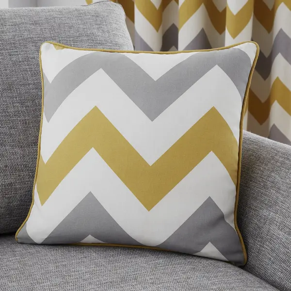 Image of Chevron Cushion Yellow, Grey and White