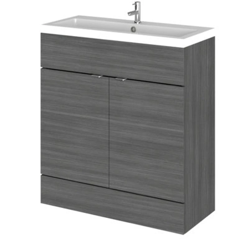 Image of Hudson Reed Fusion Floor Standing 2 Door Vanity Unit & Polymarble Basin, Sink Vanity Unit, Anthracite Woodgrain, 800mm