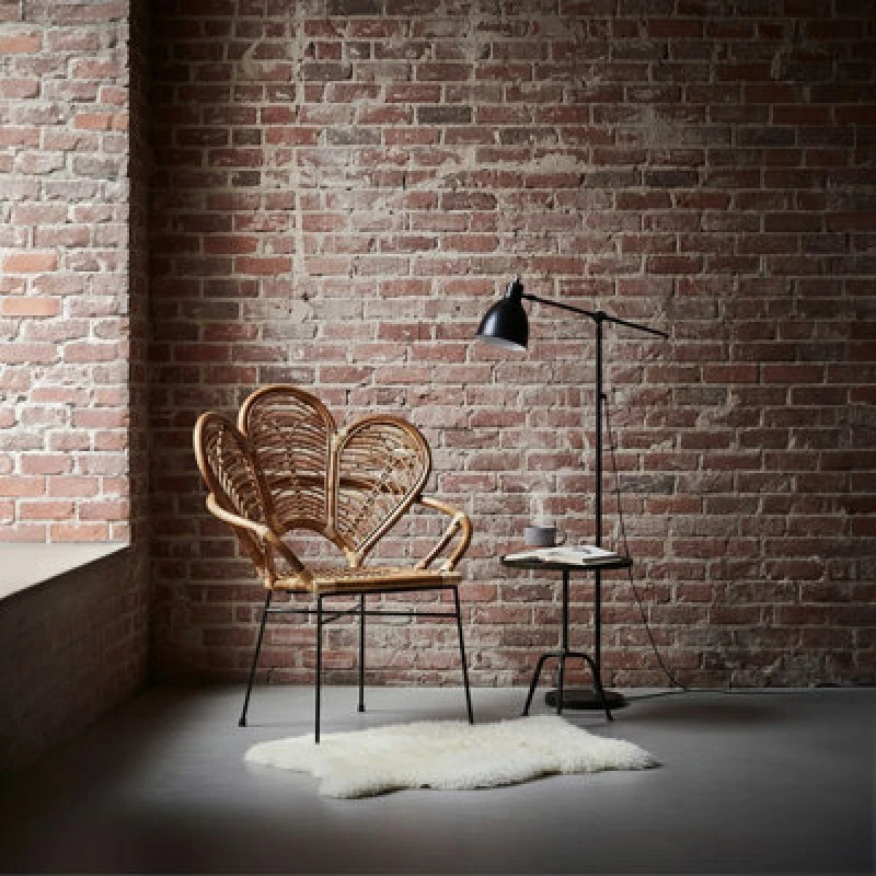 Image of Orsina Natural Brown Rattan Arm Chair With Petal Design, Black Metal Legs Rattan Dining Chair, Cane Dining Chair