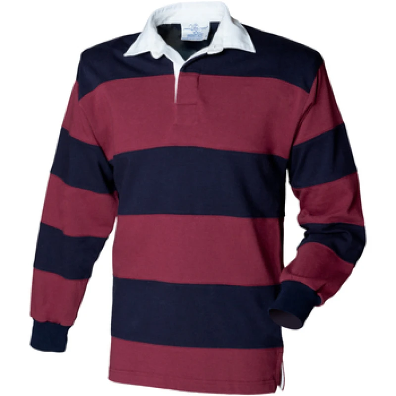 Image of Front Row Mens Sewn Stripe Long Sleeve Sports Rugby Polo Shirt in Burgundy Size: Small Burgundy Male S