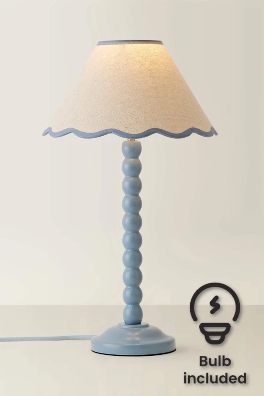 Image of ValueLights Bobbins Powder Blue Table Lamp with Tapered Natural Linen Scallop Shade & Bulb Blue