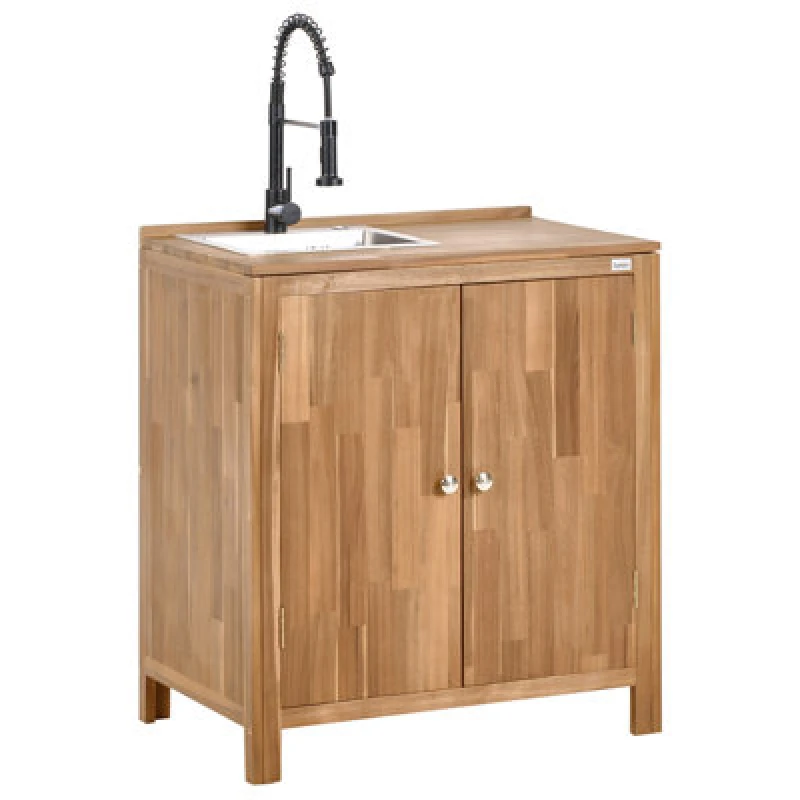 Image of Beliani Outdoor Kitchen Cabinet With Sink Venosa Acacia Wood Brown/ Black