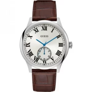 Image of GUESS Gents silver watch with white dial and brown leather strap.