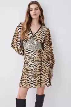 Image of Animal Mixed Print Plunge Neck Woven Mini Dress