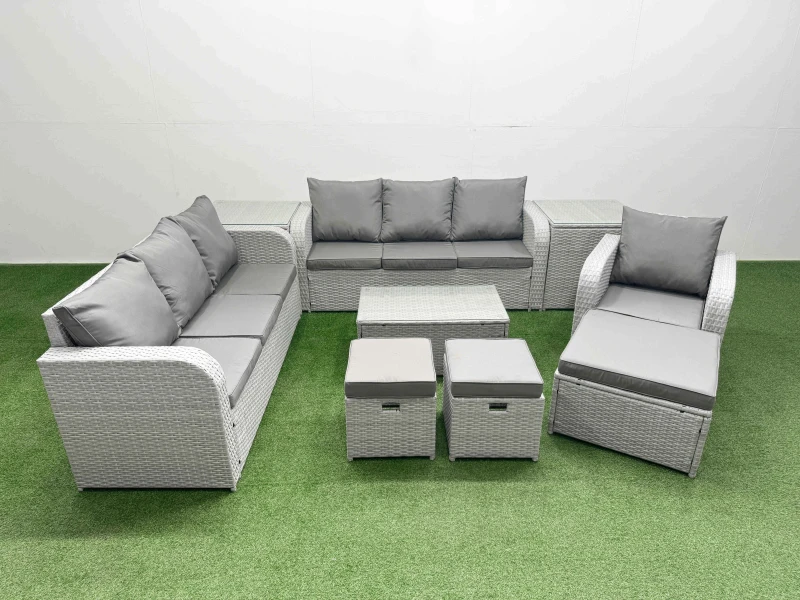 Image of Fimous 10 Seater Poly Rattan Outdoor Garden Furniture Sofa Set Patio 3 Seater Sofa Reclining Chair 3 Seater Sofa 3 Stools 2 Side Table Light Grey Ligh