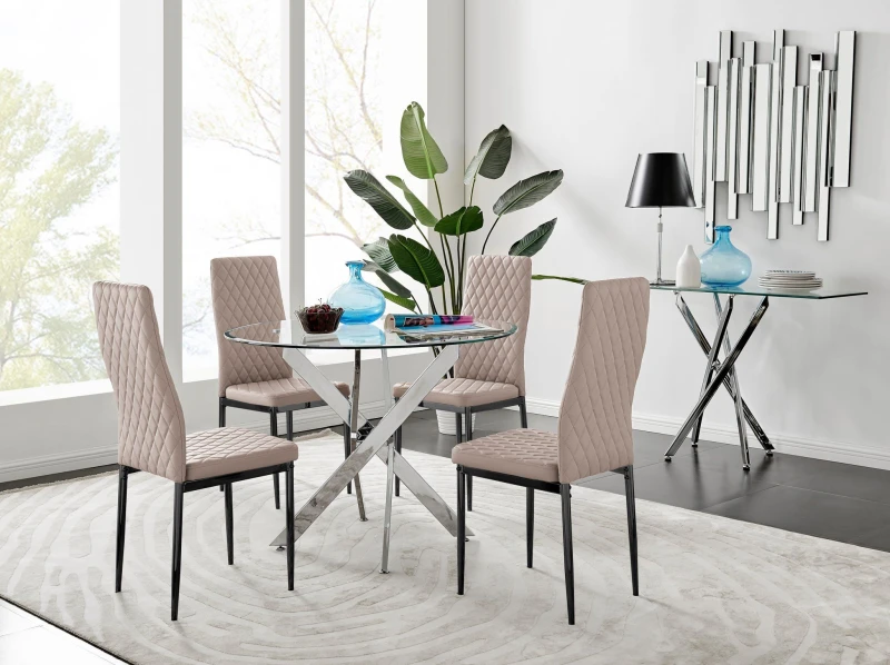 Image of FurnitureboxUK FurnitureboxUK Novara 100cm Round Dining Table and 4 Milan Black Leg Chairs in Beige Beige One Size Unisex 5056542647192