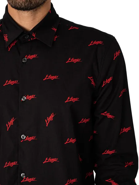 Image of HUGO Ermo Logo Pattern Slim Shirt Black/Red M