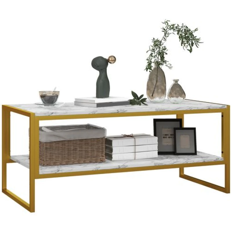 Image of HOMCOM Two-Tier Coffee Table with Marble Effect Shelf and Metal Frame White TJ Hughes 5056725575304
