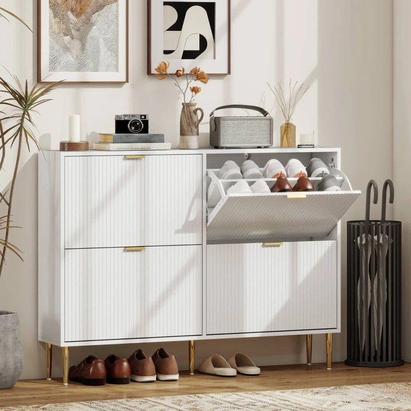 Image of HOMCOM Slim Shoe Storage Cabinet with 4 Flip Drawers for Hallway, White 837-601V02WT