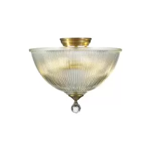 Image of Dresden 2 Light Semi Flush Ceiling Lamp E27 With Dome 38cm Glass Shade Antique Brass, Clear