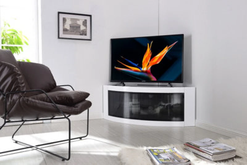 Image of CENTURION SUPPORTS Centurion Supports - pangea Gloss White Beam-Thru Curved Tru-Corner 32'-50' tv Cabinet Pangea Black White Black