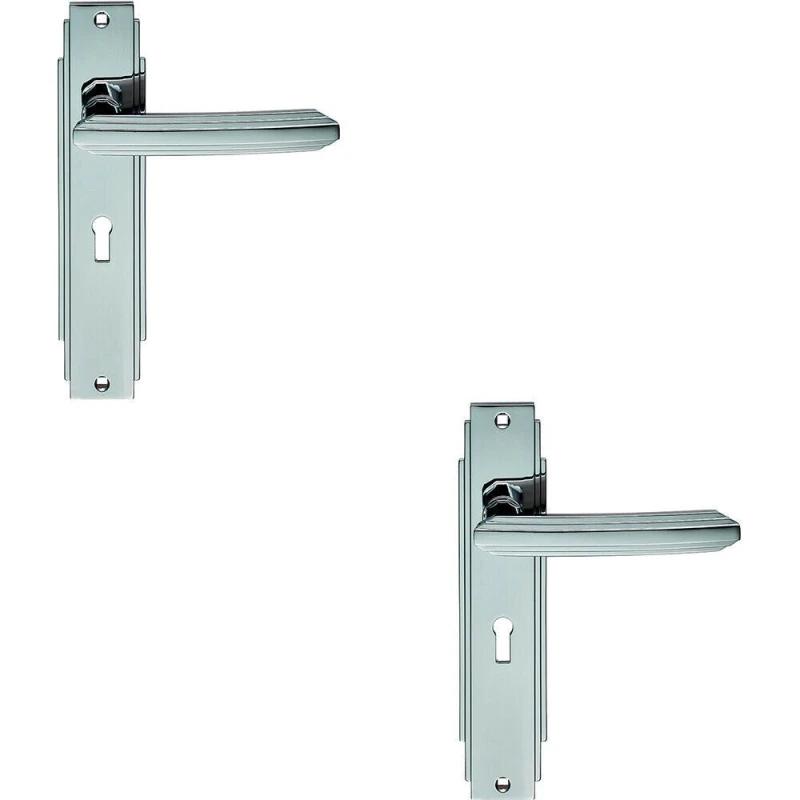 Image of Loops 2x PAIR Line Detailed Handle on Lock Backplate 205 x 45mm Polished Chrome Multi
