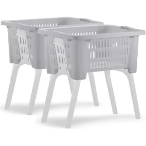 Image of 2x laundry basket with fold-out legs carrying handle 38L plastic household washing tub 60x40x58cm 24x16x23 IN washing container set 2x braun (de)