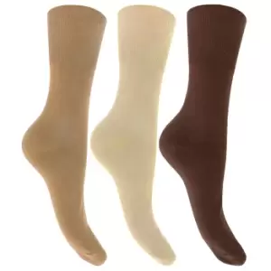 Image of Womens/Ladies Plain Cotton Rich Non Elastic Top Socks (Pack Of 3) (UK Shoe 4-8, EUR 37-42) (Shades Of Brown)