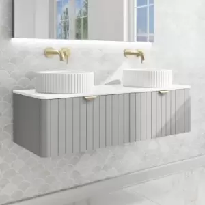 Image of 1200mm Grey Wall Hung Countertop Double Vanity Unit with Basins and Brass Handles - Empire