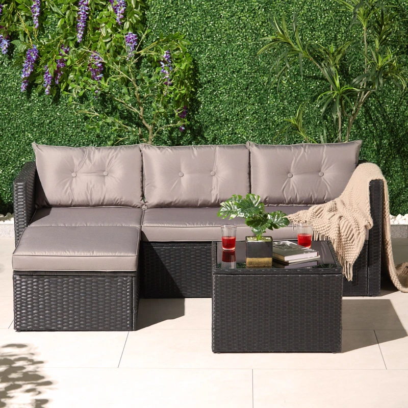 Image of VonHaus Antigua Rattan Outdoor Corner Chaise Sofa & Table Black