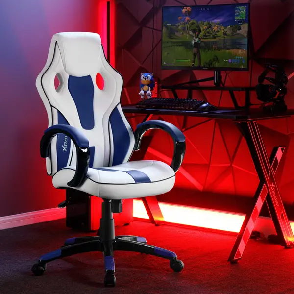 Image of X Rocker X Rocker Maverick Height Adjustable Office Gaming Chair with Natural Lumbar support - White/Blue 2023017