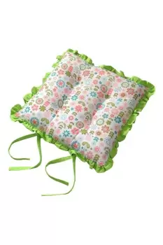 Image of Reversible Green Frilled Cushion Seat Pad with Ties Retro Flower