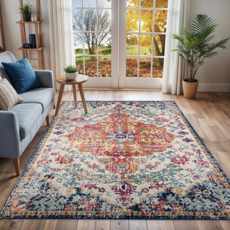 Image of Livabliss Vintage Oriental Boho Saffron/navy Lou Area Rug 160 X 220 Cm - Easy Care, Non Shedding, Ideal For Living Room & Bedroom