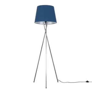 Image of Camden Chrome Tripod Floor Lamp with XL Navy Blue Aspen Shade