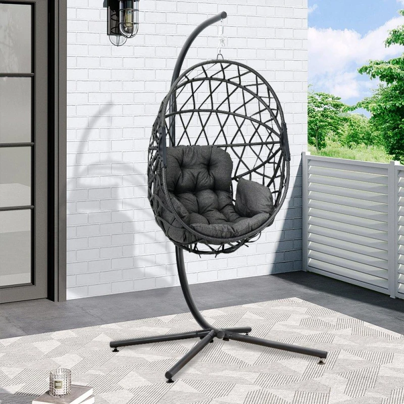 Image of Breeins Rattan Swing Chair with Stand and Cushion Black L