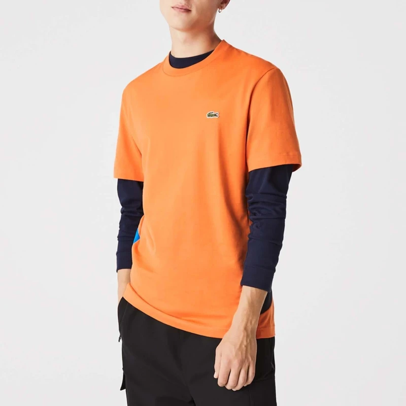 Image of Lacoste Crewneck Colourblock Panels Cotton T-Shirt - Orange Orange S