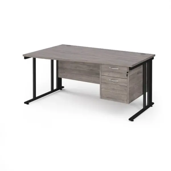 Image of Maestro 25 left hand wave desk 1600mm wide with 2 drawer pedestal - Black cable managed leg frame, grey oak top