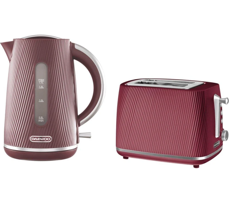 Image of Daewoo Daewoo Sleek "Cascade" 1.7L Fast-Boil Matching Kettle and Toaster Set 2-Slice in Red Red One Size Unisex 5024996997095