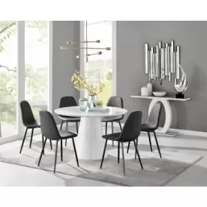 Image of Furniturebox Palma White High Gloss 6 Seat Minimalist Post Modern Round Dining Table & 6 Black Corona Faux Leather Dining Chairs with Black Legs